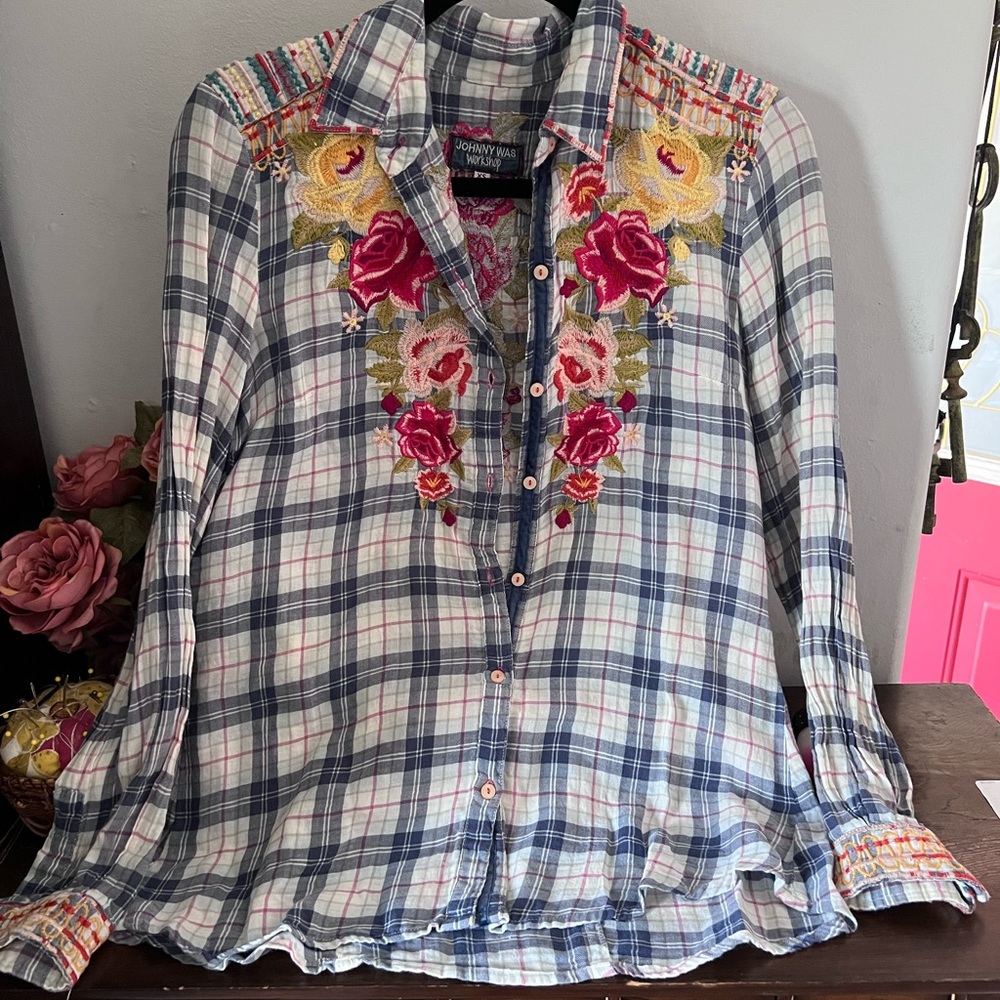 Johnny Was Multicolor Plaid Shirt with Floral Embroidery